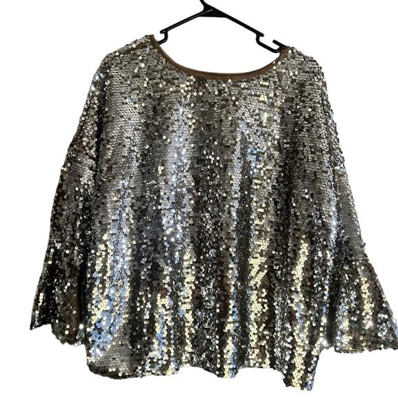 Bold Elements silver sequins top 3/4 length bell sleeves Large - Picture 3 of 10